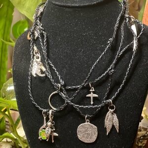 Silver Charm Necklace with Black Leather Cord